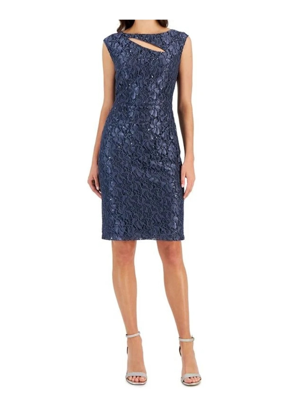 connected apparel Navy Lace Asymmetric Keyhole Sheath Dress